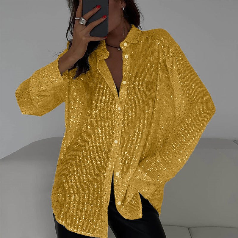 Chemise à paillettes à manches longues, style streetwear, à revers, pour soirée - KaoKao