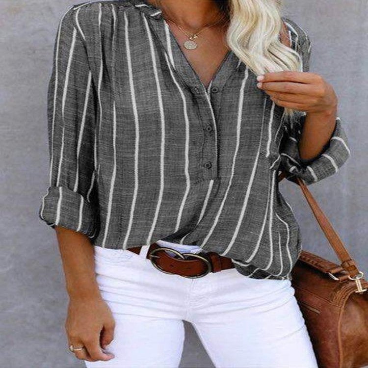 Chemise à rayures et col en V, manches longues, poches et boutons, vêtements pour femmes - KaoKao