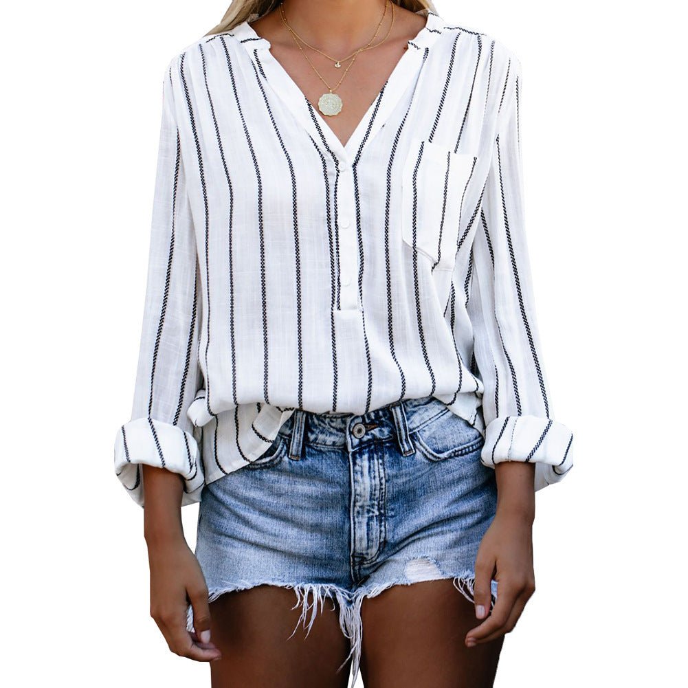 Chemise à rayures et col en V, manches longues, poches et boutons, vêtements pour femmes - KaoKao