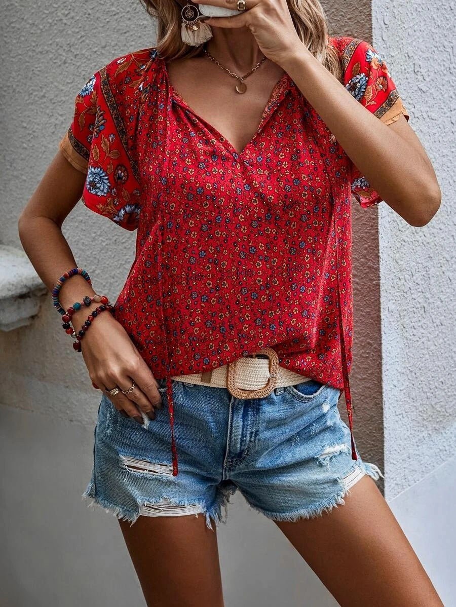 Chemise ample à manches courtes et col en V, style national décontracté, imprimé, style européen et américain, nouvelle collection été - KaoKao