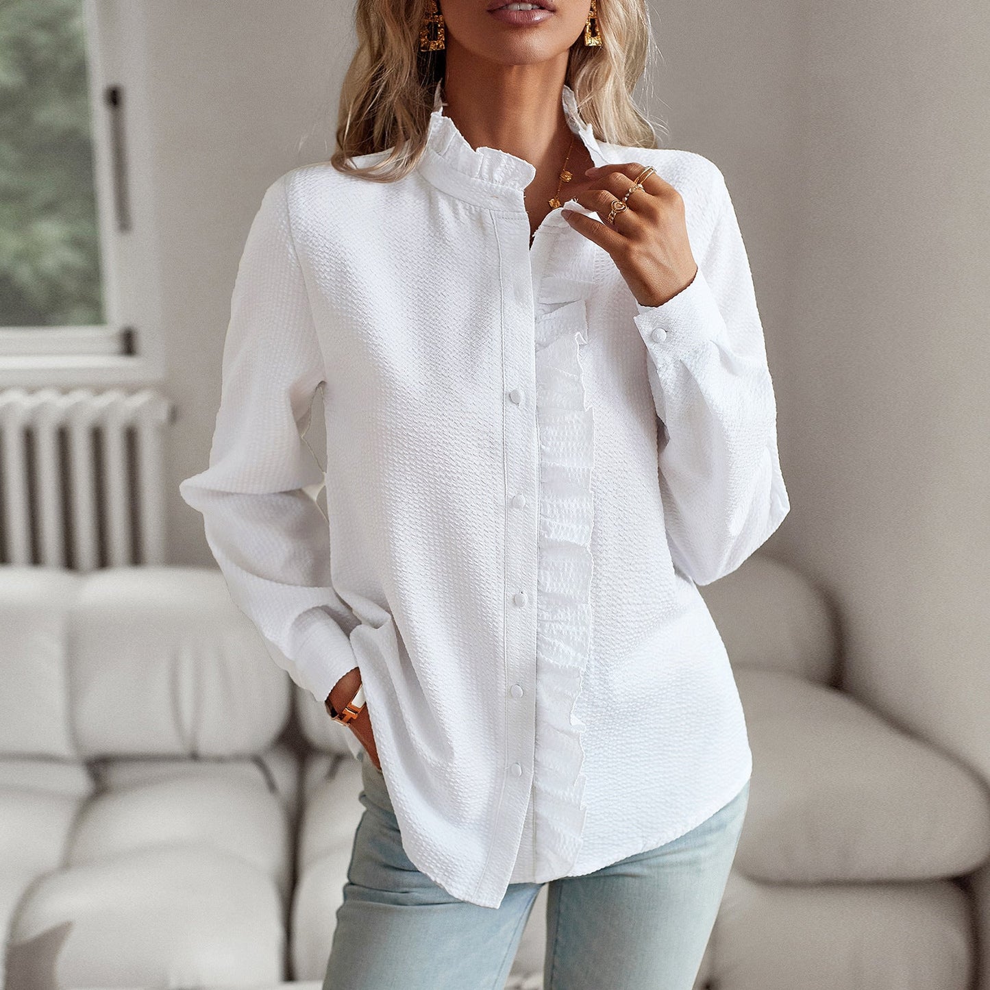 Chemise rayée à manches longues, à volants, à boutons, décontractée, élégante, pour le bureau et les déplacements. - KaoKao
