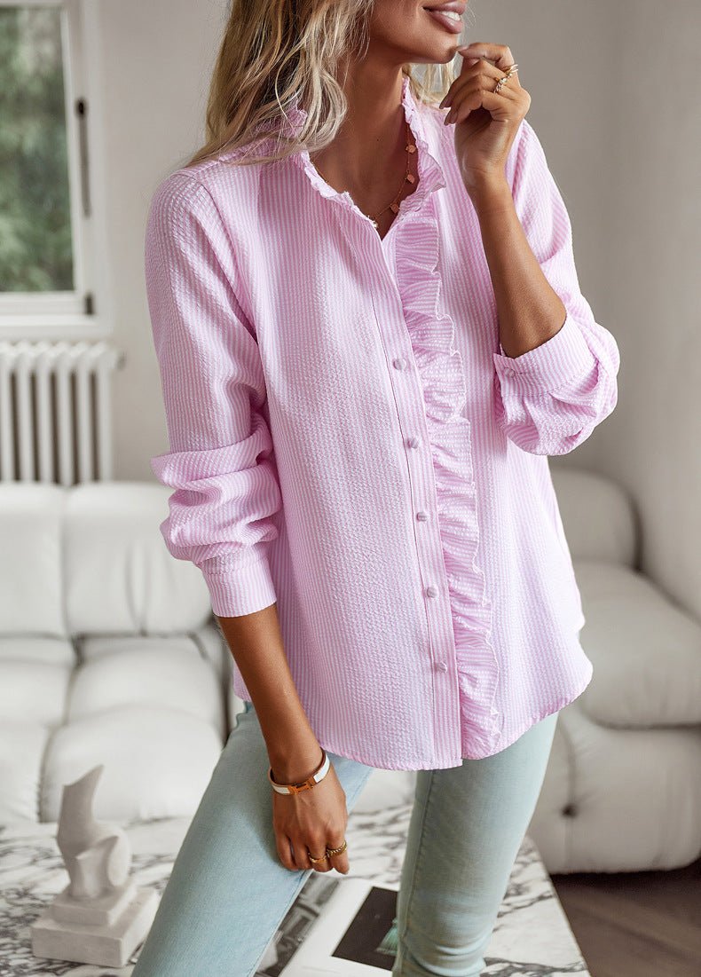 Chemise rayée à manches longues, à volants, à boutons, décontractée, élégante, pour le bureau et les déplacements. - KaoKao