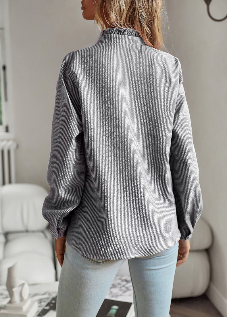 Chemise rayée à manches longues, à volants, à boutons, décontractée, élégante, pour le bureau et les déplacements. - KaoKao