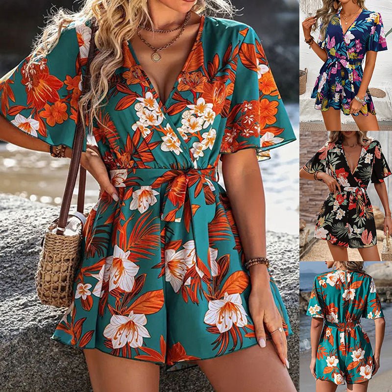 Combinaison courte à imprimé culotte et manches à volants pour vacances à la plage - KaoKao
