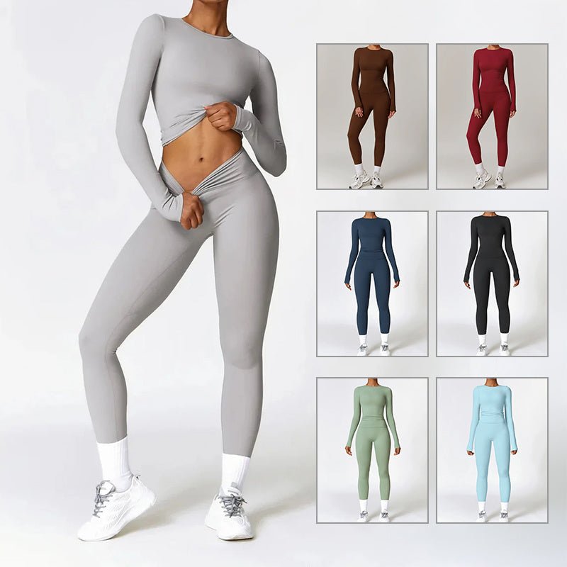 Combinaison de yoga moulante et brossée, vêtements de fitness à séchage rapide, survêtements de fitness à manches longues, combinaison de sport, haut de sport, leggings taille haute, ensembles pour femmes, ensemble de yoga - KaoKao