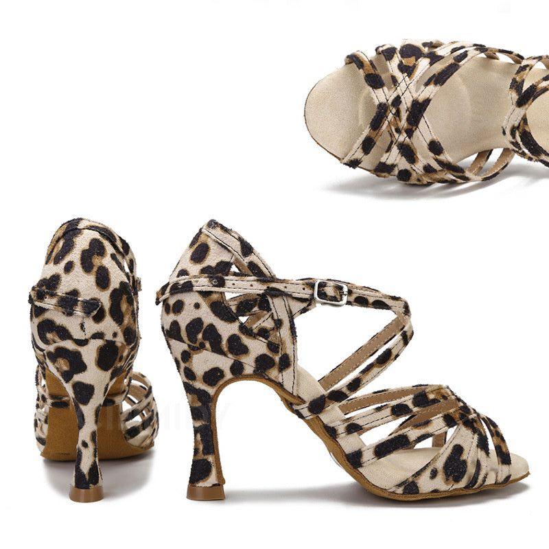 Chaussures de danse à talons aiguilles pour femmes en imprimé léopard, semelle souple.