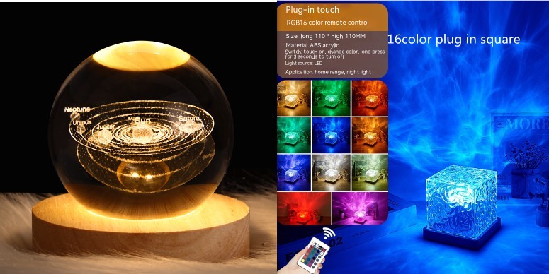 Lampe de table à projection cristalline rotative USB avec effet d'ondulation d'eau LED, lumière d'ambiance nocturne, décoration intérieure dimmable RGB, 16 couleurs, cadeaux.