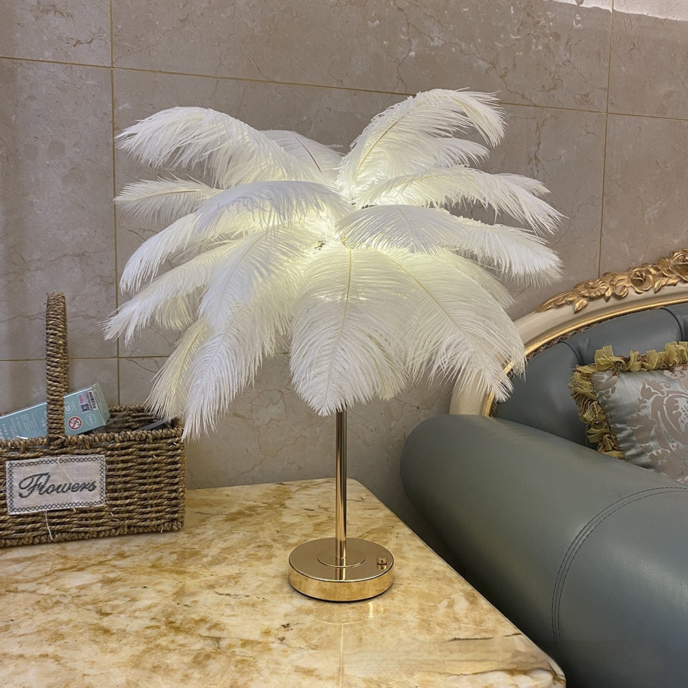 Lampe de nuit à chargement USB en plumes d'autruche naturelles, atmosphère pour la chambre des filles, véritable plumes.