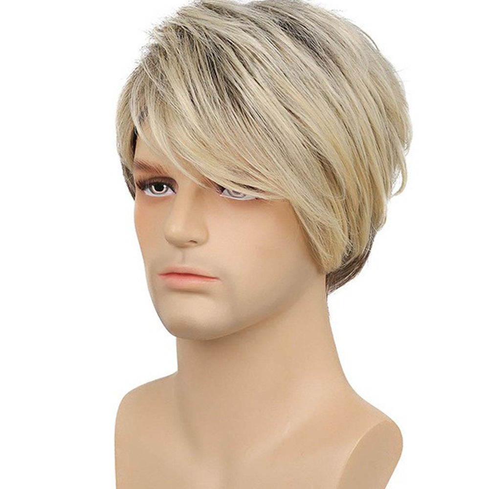 Perruque courte pour homme avec frange partielle dorée et brune