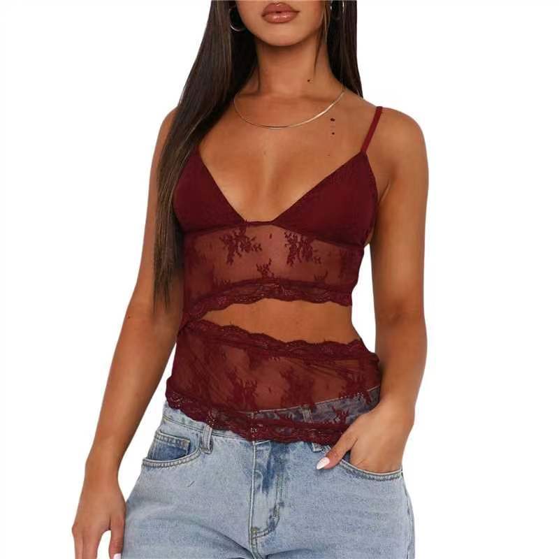 Débardeur dos nu en dentelle cousue pour femme, petite bretelle, col en V, sous - vêtement, gilet, couleur bonbon, bralette - KaoKao