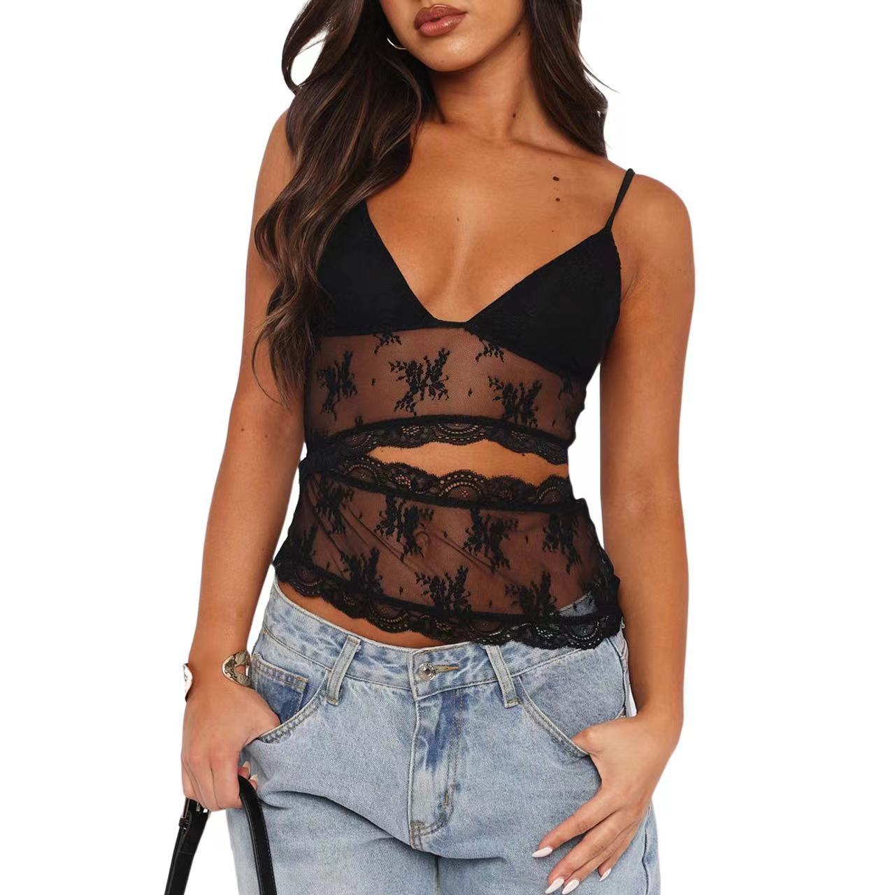 Débardeur dos nu en dentelle cousue pour femme, petite bretelle, col en V, sous - vêtement, gilet, couleur bonbon, bralette - KaoKao