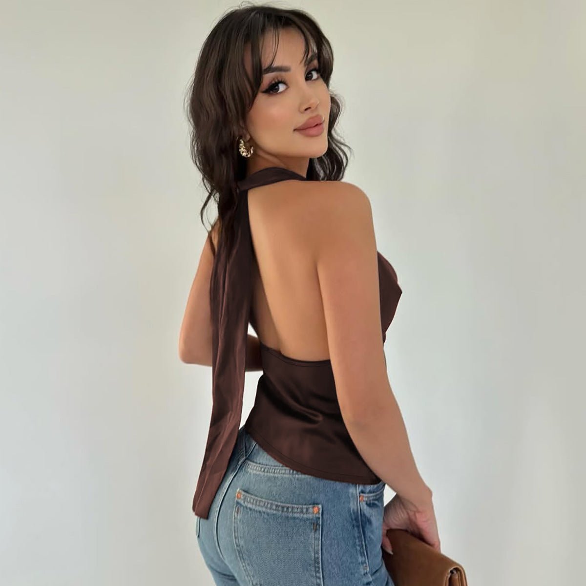 Débardeur dos nu pour femme, couleur unie, coupe slim, noué - KaoKao