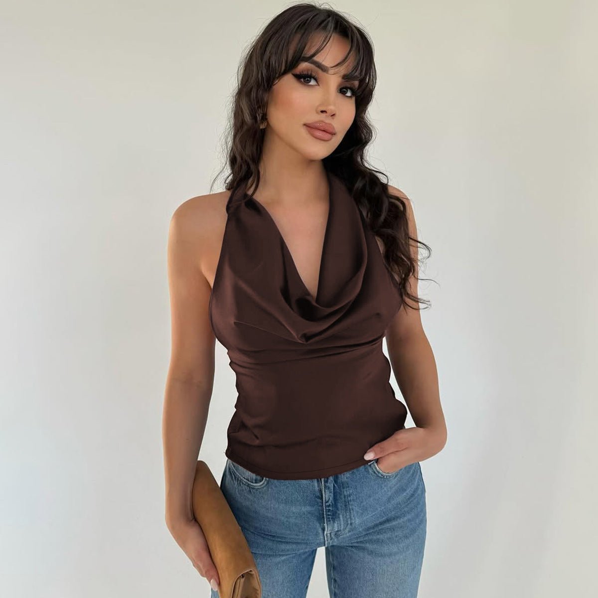 Débardeur dos nu pour femme, couleur unie, coupe slim, noué - KaoKao