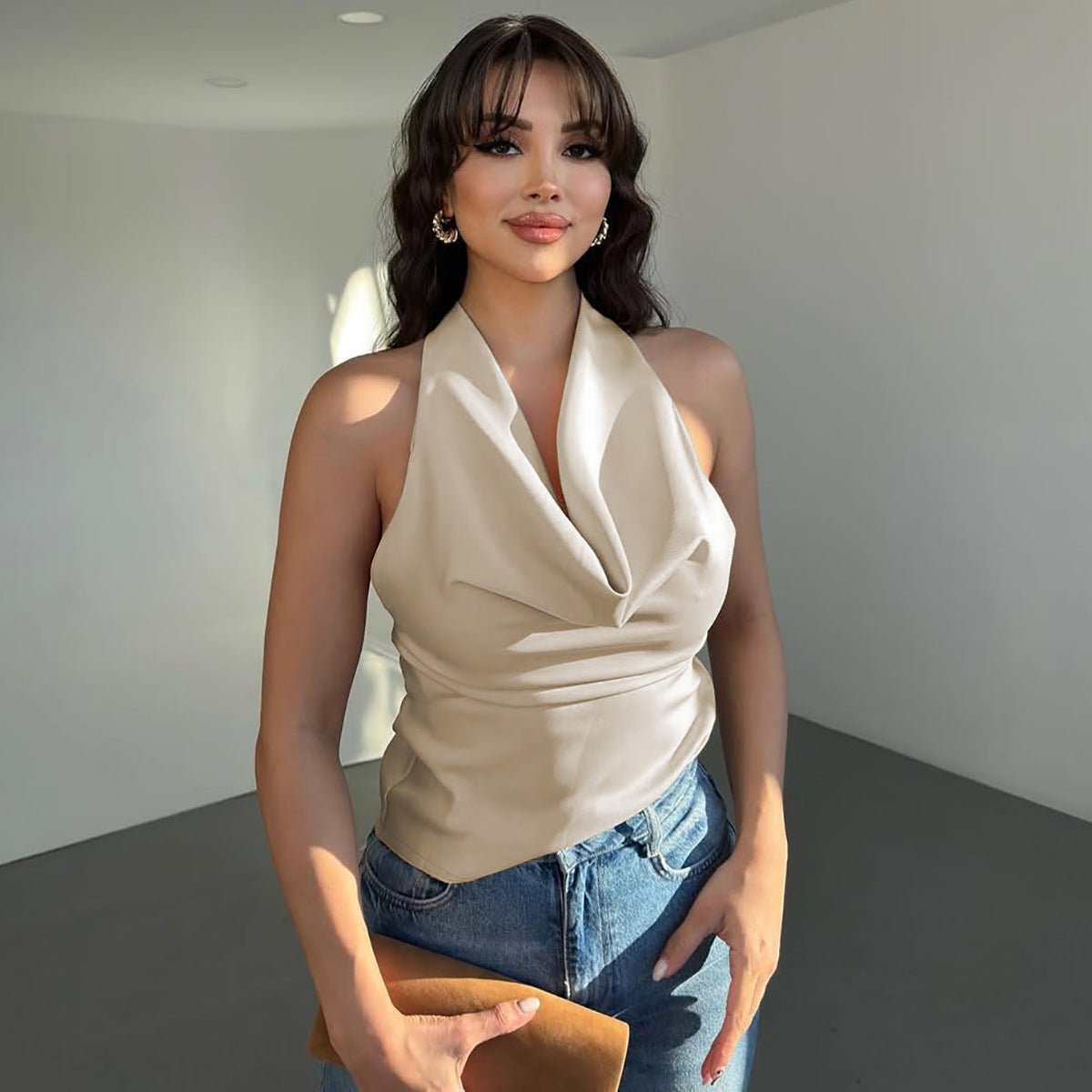 Débardeur dos nu pour femme, couleur unie, coupe slim, noué - KaoKao