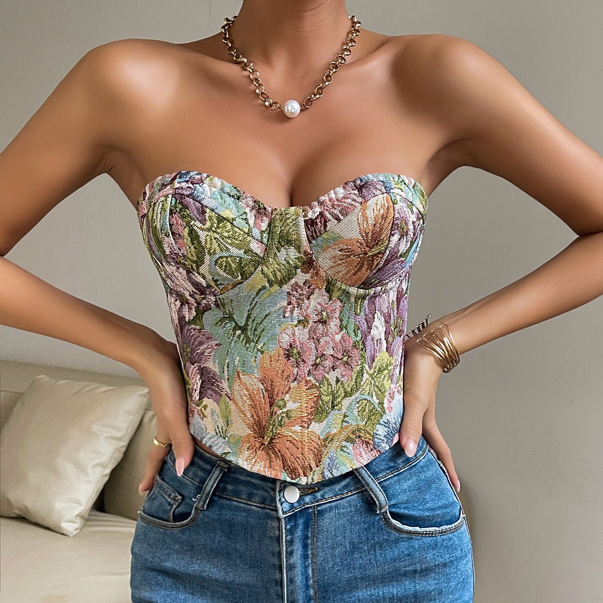 Débardeur tube à imprimé floral Y2K avec design noué dans le dos, débardeur corset court tendance pour femmes - KaoKao