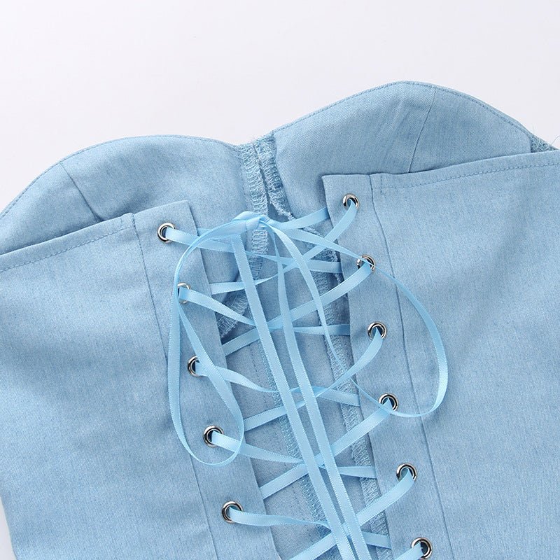 Débardeur tube en jean Y2K avec design noué dans le dos, débardeur corset court tendance pour femmes - KaoKao