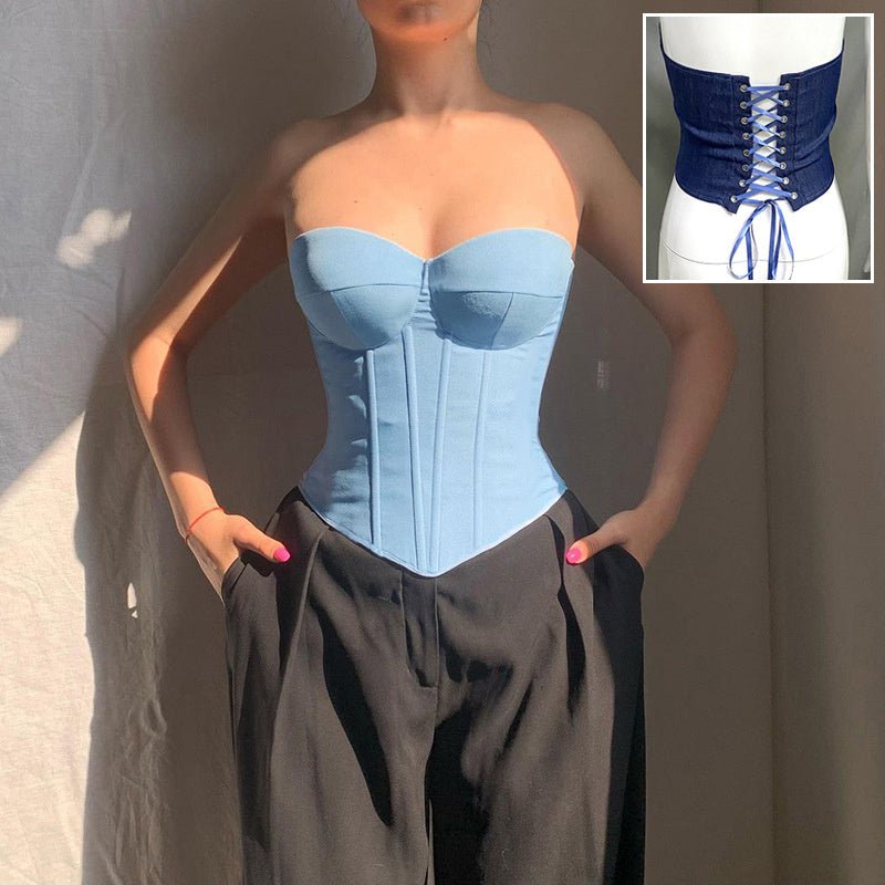 Débardeur tube en jean Y2K avec design noué dans le dos, débardeur corset court tendance pour femmes - KaoKao