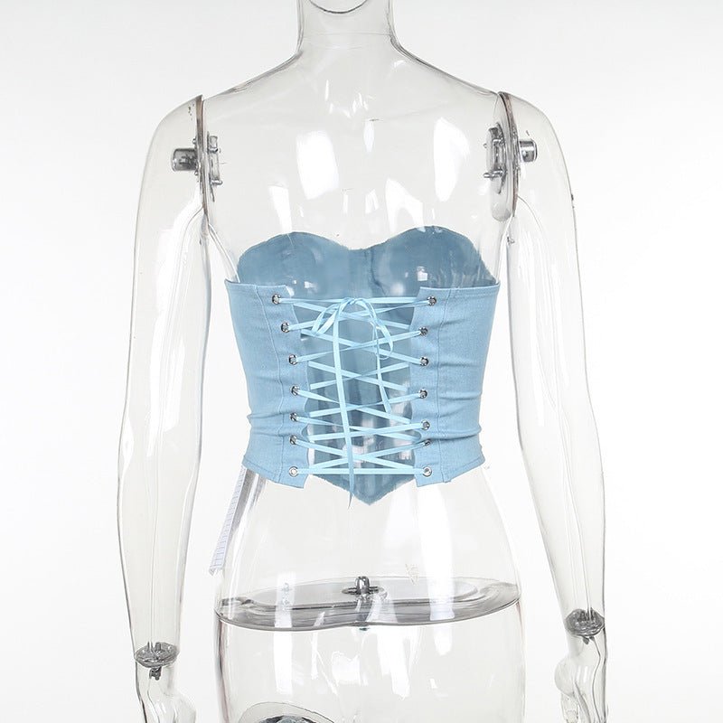 Débardeur tube en jean Y2K avec design noué dans le dos, débardeur corset court tendance pour femmes - KaoKao