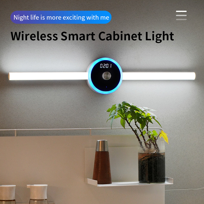 Lumière de cabinet intelligente avec horloge, capteur de lumière, lumière LED amovible pour armoire, interrupteur à balai manuel.