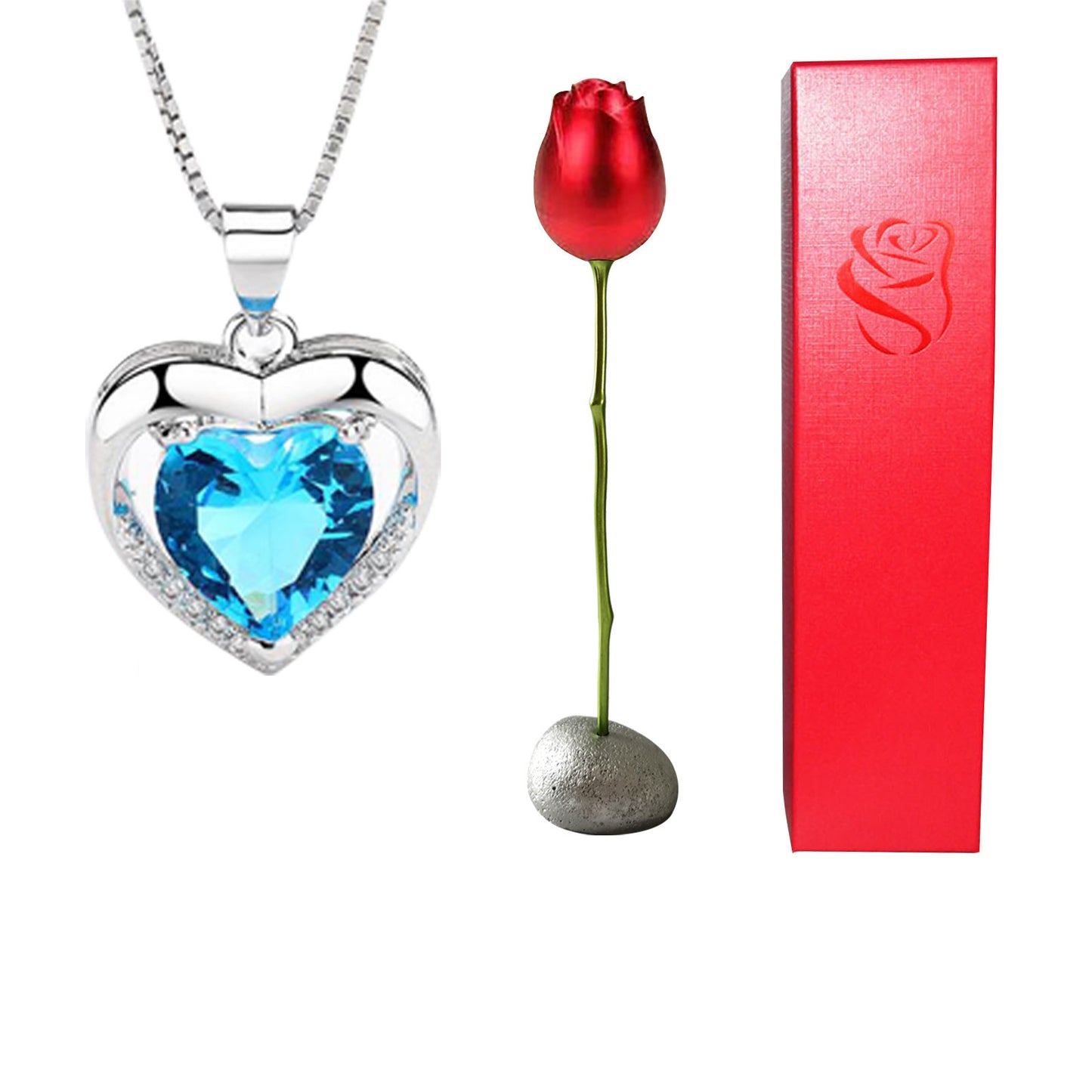 Collier avec pendentif en forme de cœur en cristal bleu violet et diamant en forme de tête de rose pour la Saint-Valentin