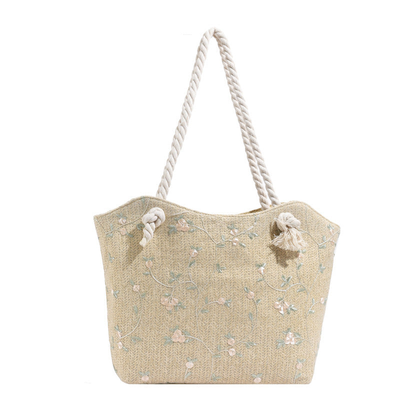 Nouveau et simple sac en paille, sac en dentelle, sac à bandoulière en paille, grande capacité, sac à main floral à la mode pour femmes.