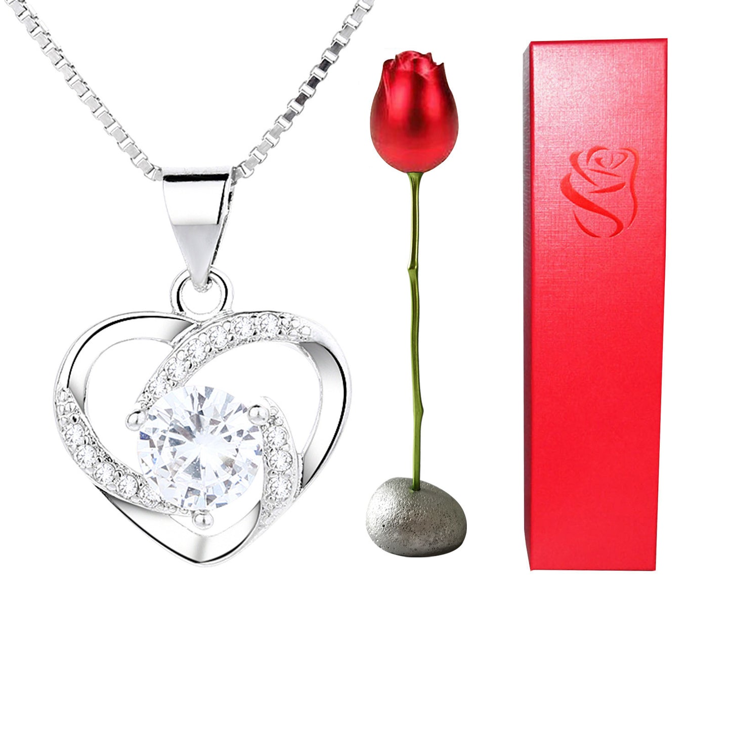 Collier avec pendentif en forme de cœur en cristal bleu violet et diamant en forme de tête de rose pour la Saint-Valentin