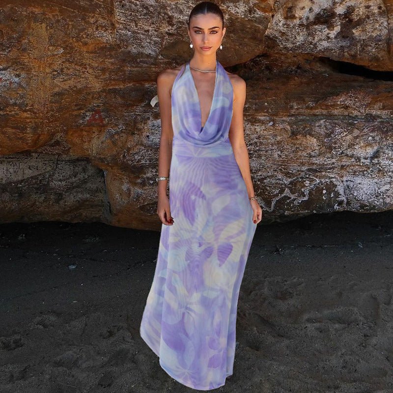Ensemble 2 pièces imprimé tie - dye, col en V profond, dos nu, robe longue tendance pour soirée sur la plage, vêtements pour femmes - KaoKao
