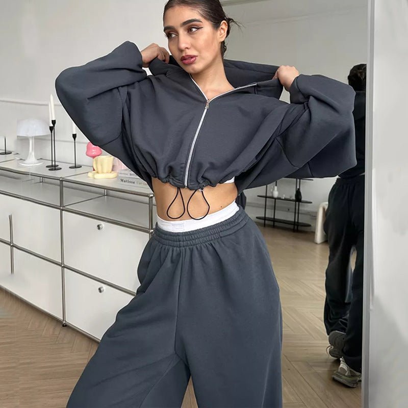 Ensemble deux pièces décontracté pour femme, sweat-shirt à manches longues et pantalon de survêtement à fermeture éclair, couleur unie - KaoKao