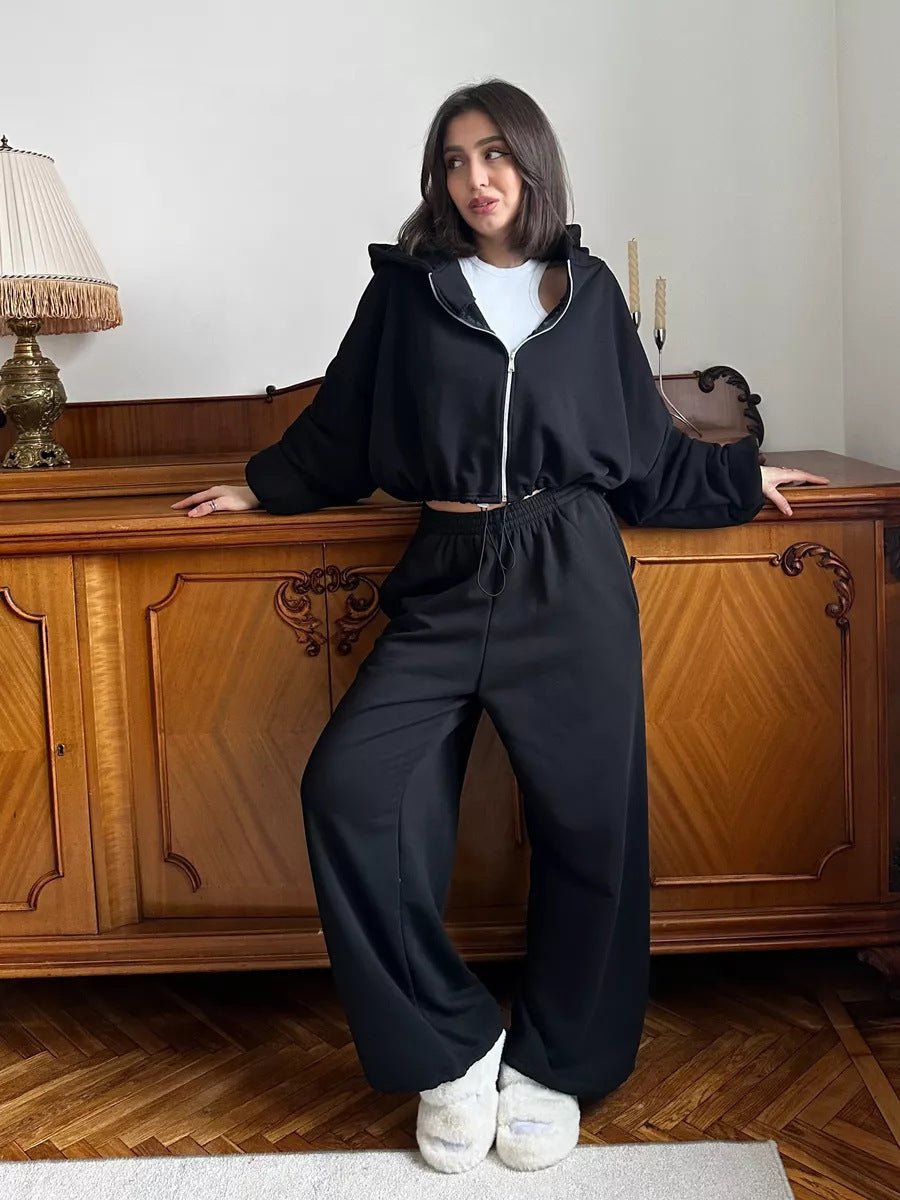 Ensemble deux pièces décontracté pour femme, sweat-shirt à manches longues et pantalon de survêtement à fermeture éclair, couleur unie - KaoKao