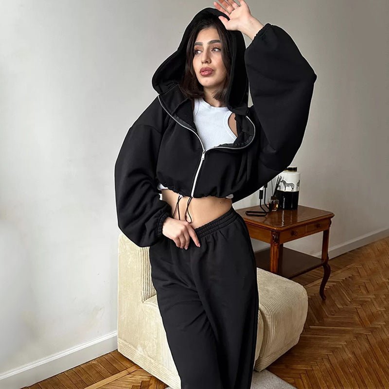 Ensemble deux pièces décontracté pour femme, sweat-shirt à manches longues et pantalon de survêtement à fermeture éclair, couleur unie - KaoKao