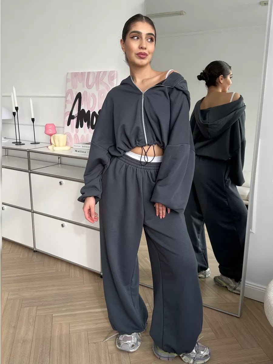 Ensemble deux pièces décontracté pour femme, sweat-shirt à manches longues et pantalon de survêtement à fermeture éclair, couleur unie - KaoKao