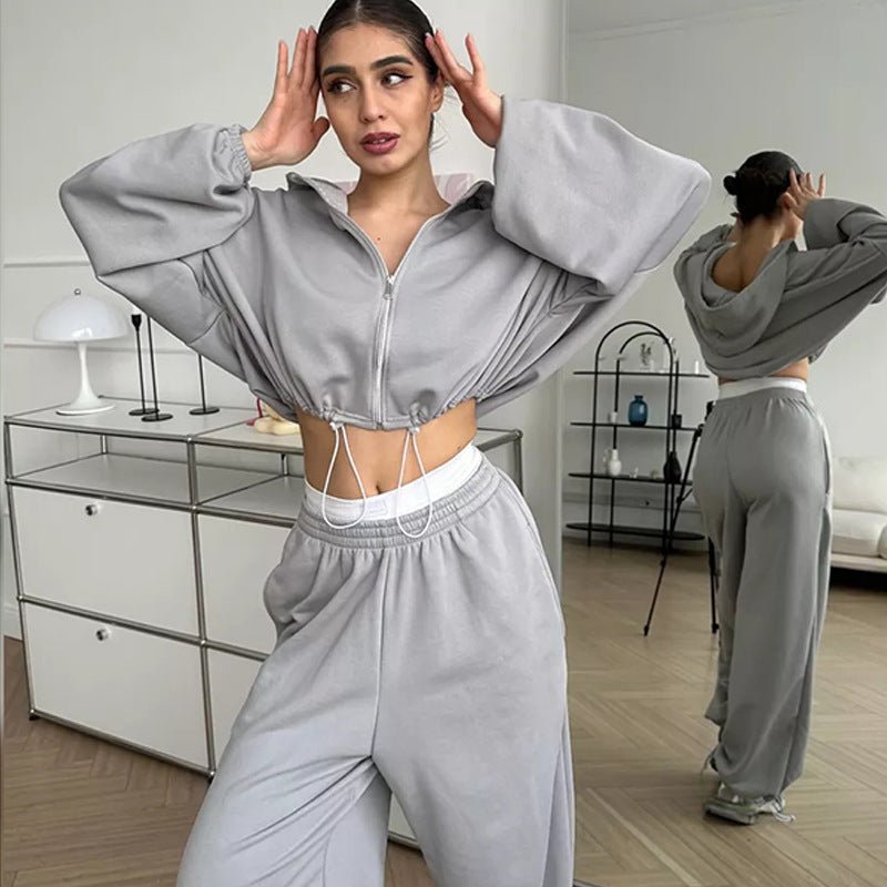 Ensemble deux pièces décontracté pour femme, sweat-shirt à manches longues et pantalon de survêtement à fermeture éclair, couleur unie - KaoKao