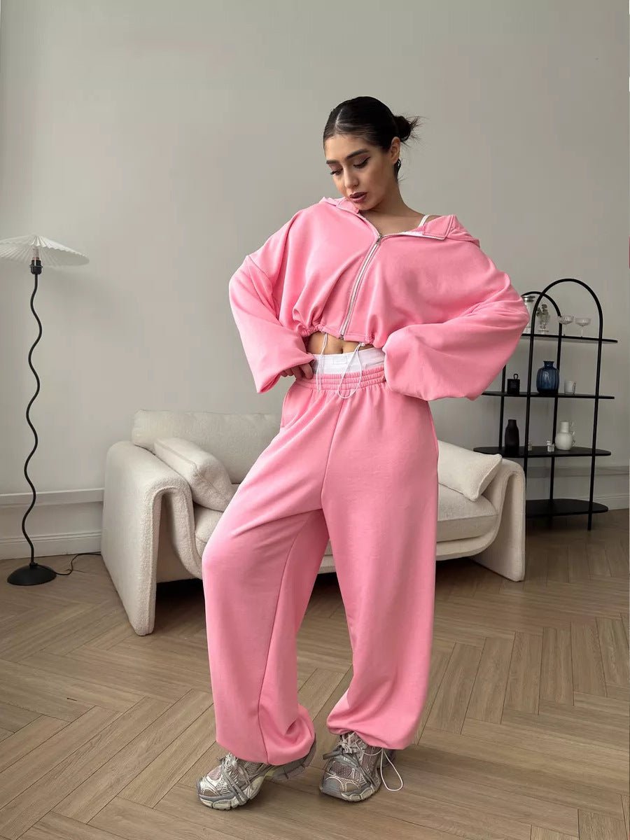 Ensemble deux pièces décontracté pour femme, sweat-shirt à manches longues et pantalon de survêtement à fermeture éclair, couleur unie - KaoKao