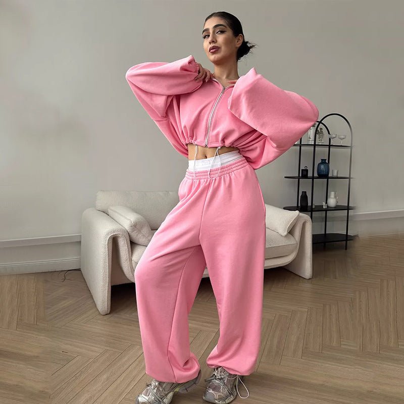 Ensemble deux pièces décontracté pour femme, sweat-shirt à manches longues et pantalon de survêtement à fermeture éclair, couleur unie - KaoKao