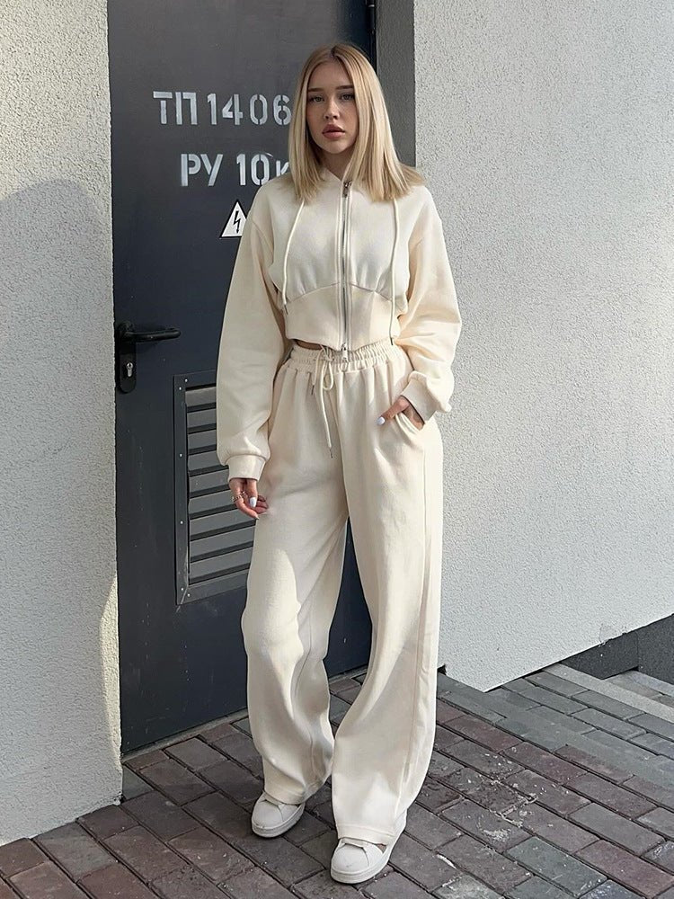 Ensemble deux pièces pull à capuche et pantalon à lacets de couleur unie - KaoKao