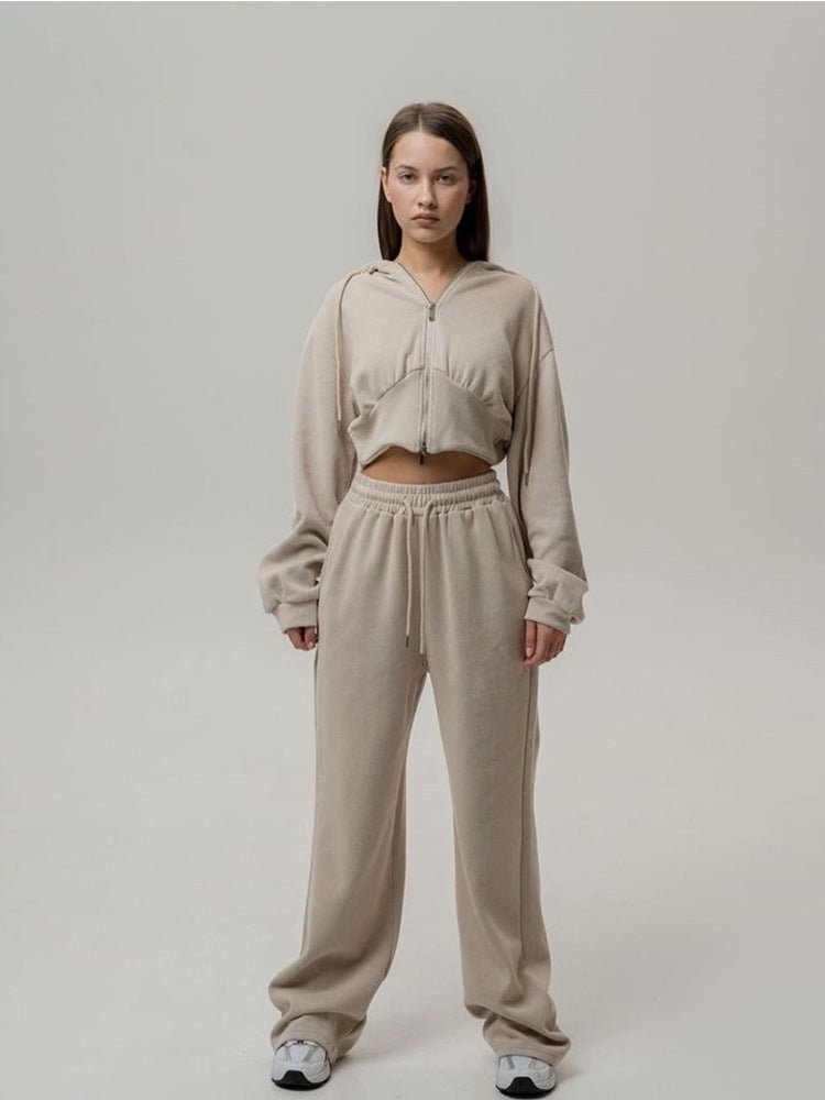 Ensemble deux pièces pull à capuche et pantalon à lacets de couleur unie - KaoKao