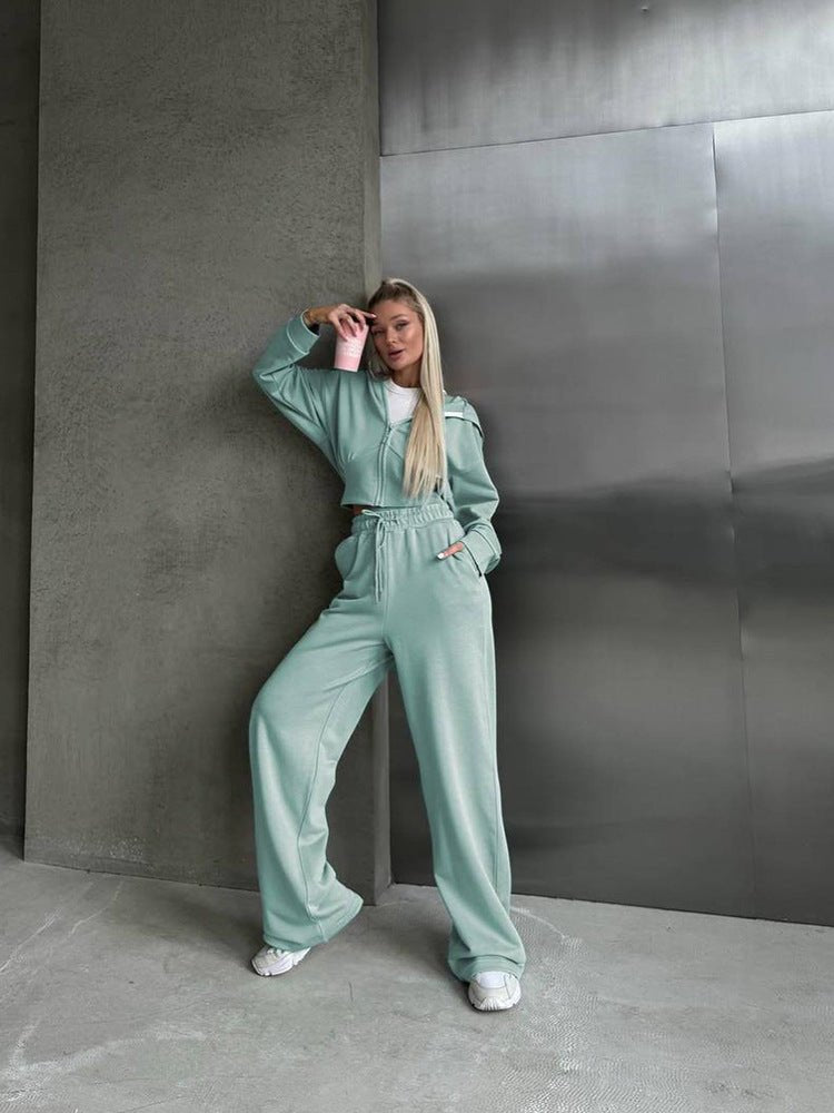 Ensemble deux pièces pull à capuche et pantalon à lacets de couleur unie - KaoKao