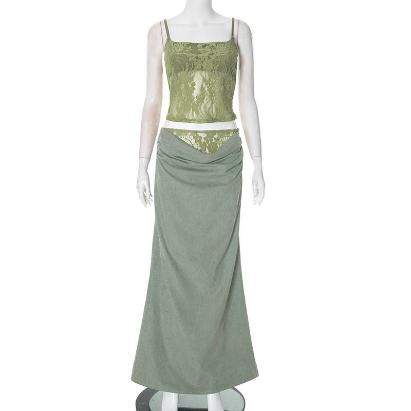 Ensemble haut tube dos nu en dentelle pour femme, jupe à volants et coutures - KaoKao