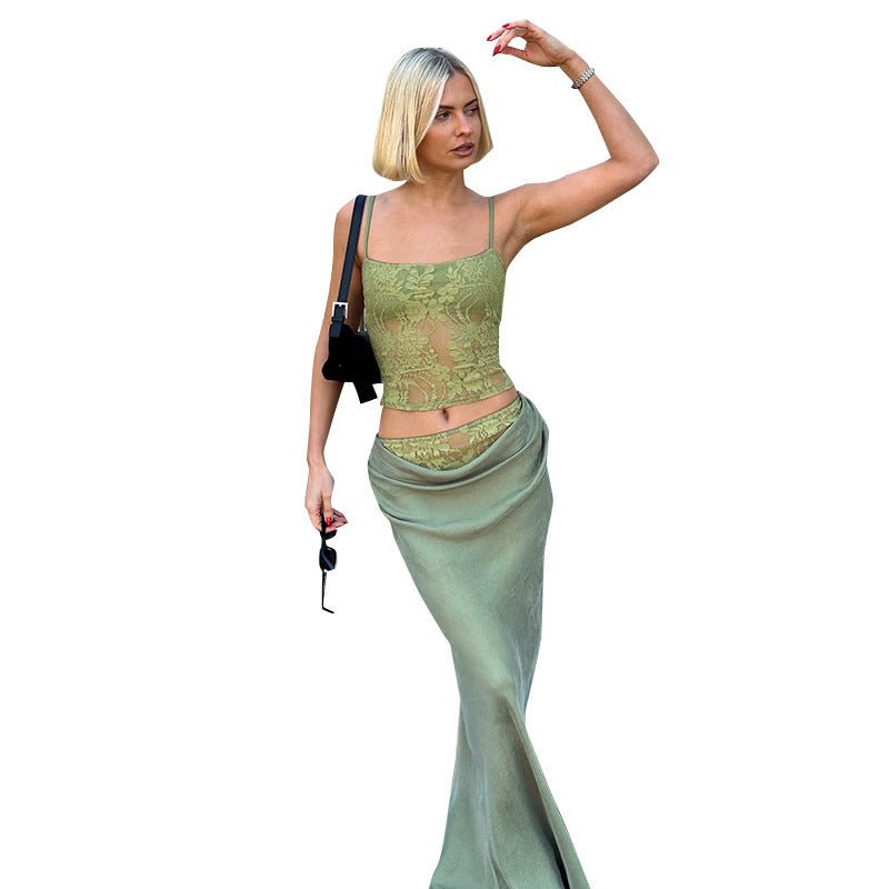 Ensemble haut tube dos nu en dentelle pour femme, jupe à volants et coutures - KaoKao