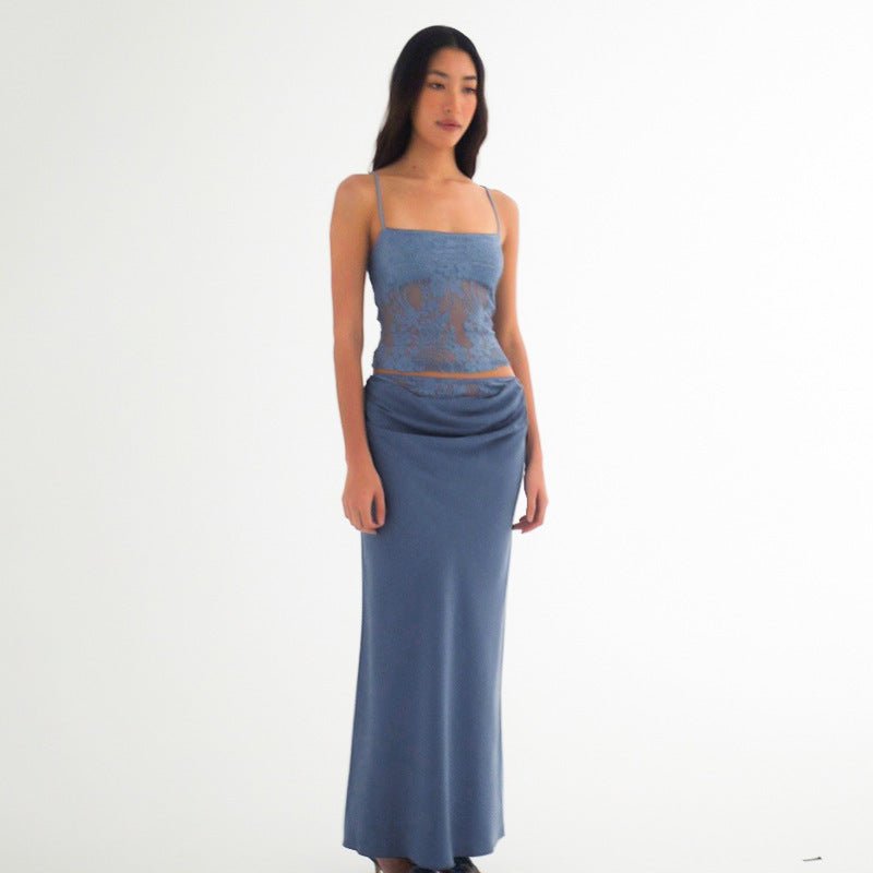 Ensemble haut tube dos nu en dentelle pour femme, jupe à volants et coutures - KaoKao