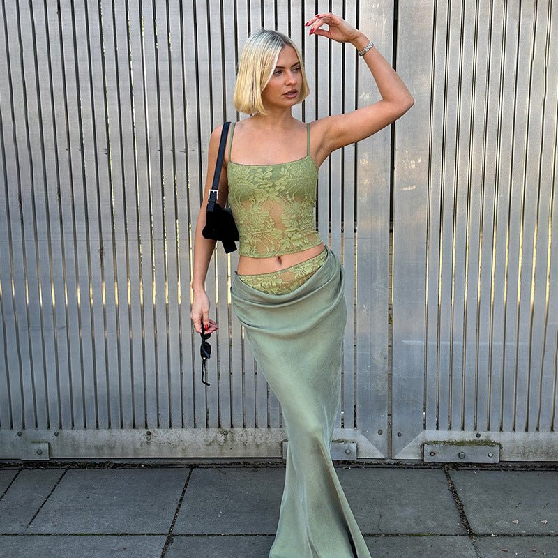 Ensemble haut tube dos nu en dentelle pour femme, jupe à volants et coutures - KaoKao