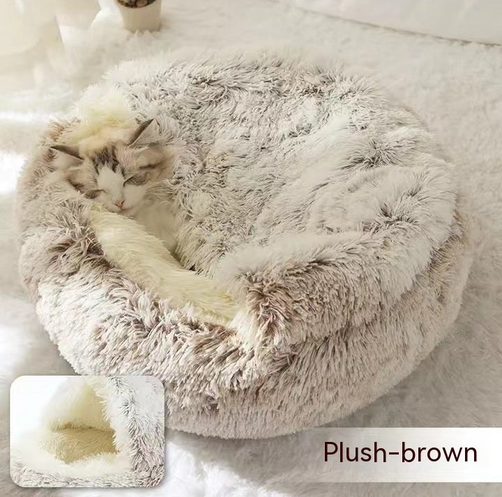 Lit pour chien et chat 2 en 1, lit d'hiver pour animaux, maison ronde en peluche chaude, lit doux en peluche longue pour animaux de compagnie, produits pour animaux.