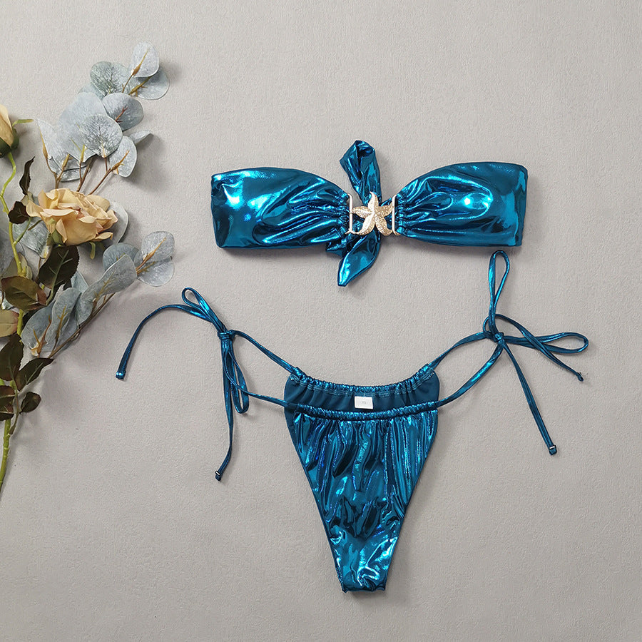 Bikini tube top fendu bleu brillant étoile de mer dorée pour femmes