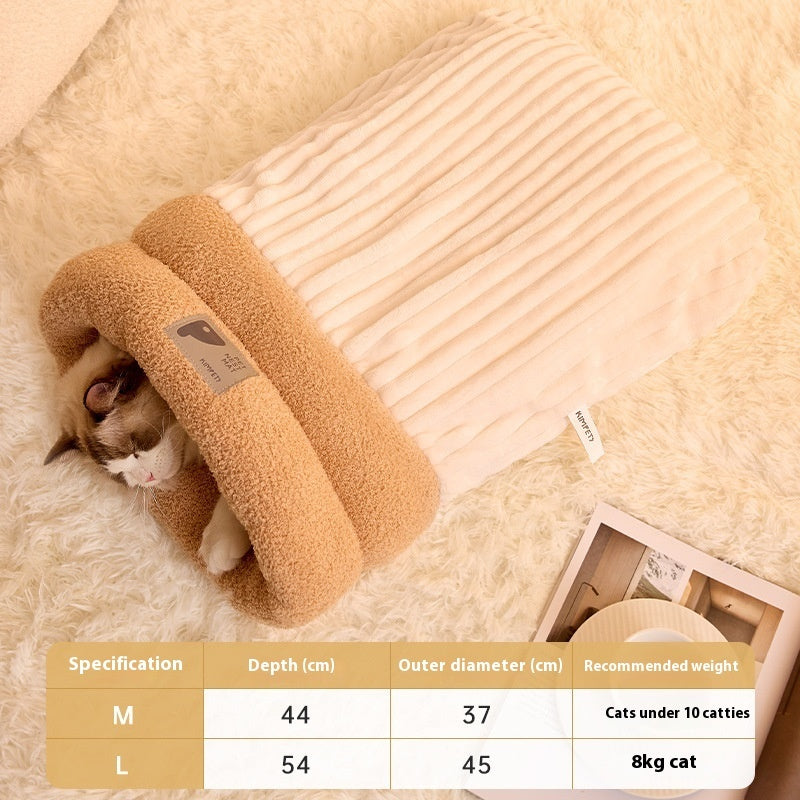 Sac de couchage pour animaux de compagnie d'hiver chaud et doux en peluche, nid semi-fermé pour chats, sac de couchage confortable pour la maison, accessoires pour lits de chats et de chiens.