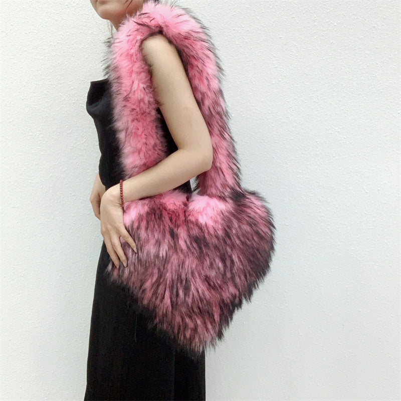 Sacs à bandoulière en polaire d'hiver pour femmes, sac en forme de cœur, sac à main en peluche de grande capacité, sac d'amour.