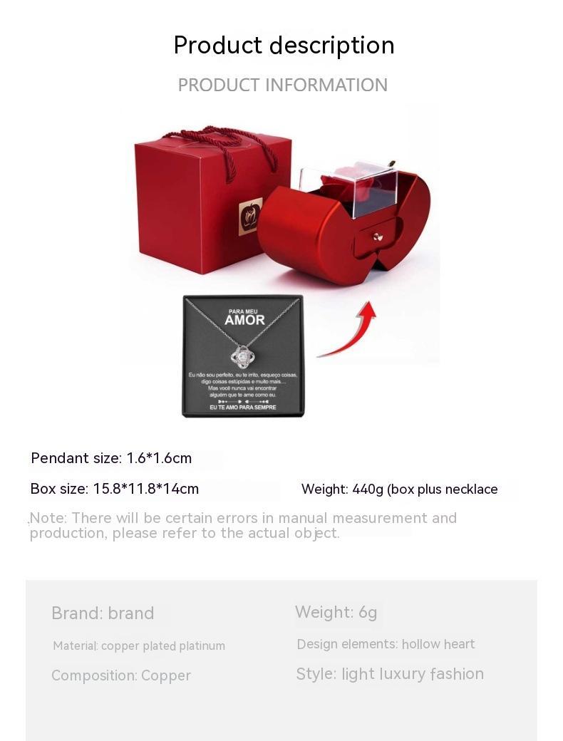 Boîte à bijoux de mode pomme rouge cadeau de Noël collier rose éternelle pour fille cadeaux de la fête des mères et de la Saint-Valentin avec boîte à bijoux en fleur artificielle.
