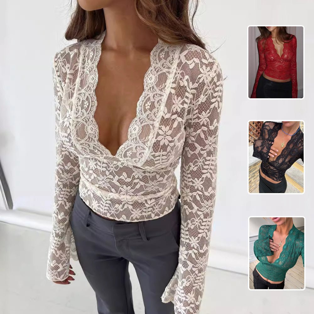 Haut à manches longues en dentelle florale, style Y2K, coupe slim, vêtements pour femmes - KaoKao