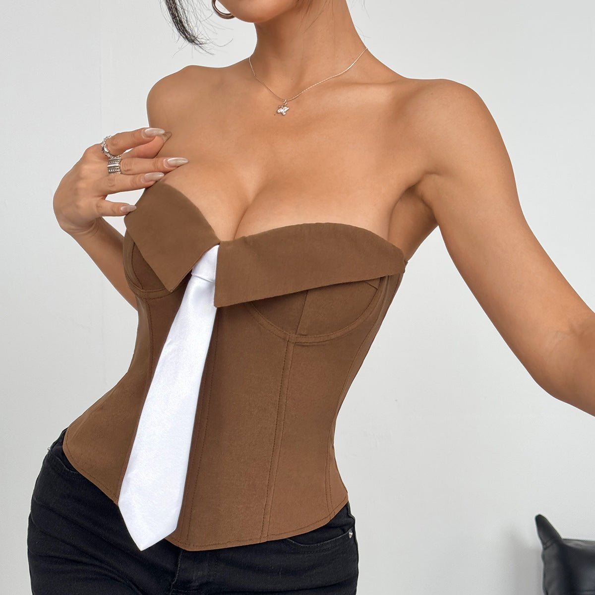 Haut bandeau Y2K avec faux nœud, gilet tendance de couleur unie pour femmes - KaoKao