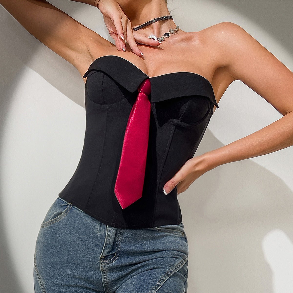 Haut bandeau Y2K avec faux nœud, gilet tendance de couleur unie pour femmes - KaoKao