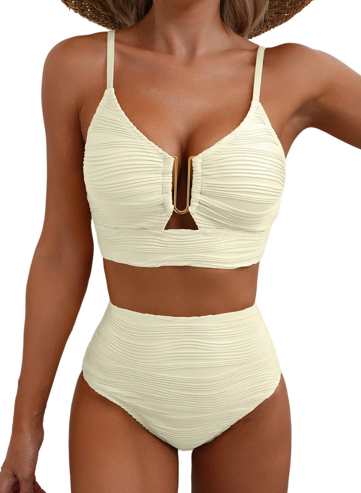 Maillot de bain bikini col en V ajouré taille haute pour femme - KaoKao